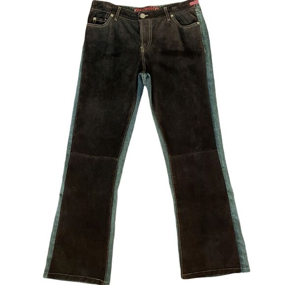 Y2K Vintage Fuzion Pouttana Brown Suede Front Jean Two Tone Straight Jeans Sz 12 - Picture 1 of 15